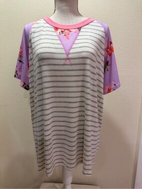 NWT HAPTICS Striped Tee with Lavender Floral Raglan Sleeves